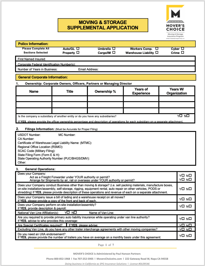 Moving and Storage Supplemental Application